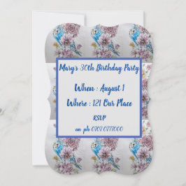 Blue Budgie Rose Floral 40. Geburtstag Einladung
