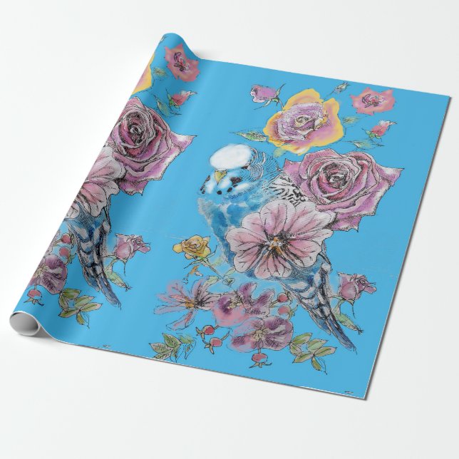 Blue Budgie Rose Kunst Blume Watercolor Wrapping Geschenkpapier (Ungerollt)