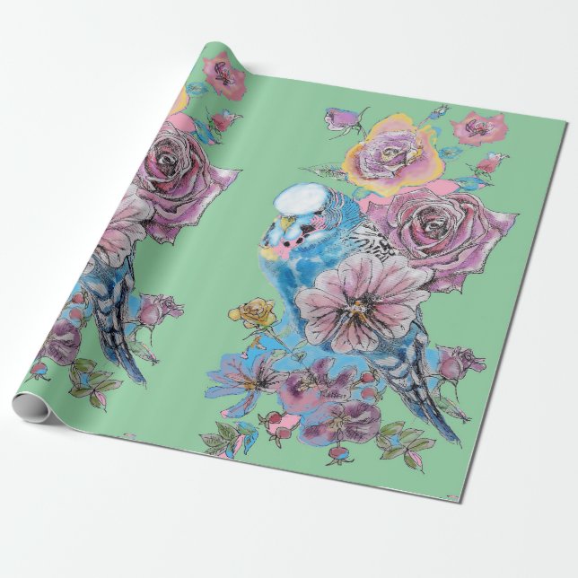 Blue Budgie Rose Kunst Blume Watercolor Wrapping Geschenkpapier (Ungerollt)