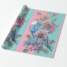 Blue Budgie Rose Kunst Blume Watercolor Wrapping Geschenkpapier