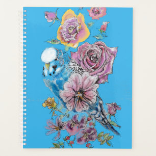 Blue Budgie Rose Watercolor Bird Plane Planer