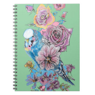 Blue Budgie Rose Watercolor Green Bird Notebook Notizblock
