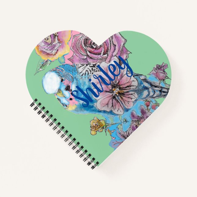 Blue Budgie Rose Watercolor Green Heart Notebook Notizbuch (Vorderseite)