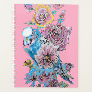Blue Budgie Rose Watercolor Pink Bird Planner Planer