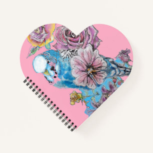Blue Budgie Rose Watercolor Pink Heart Notebook Notizbuch