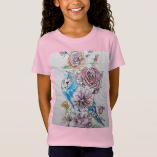 Blue Budgie & Rote Rose Blume Girls T Shirt