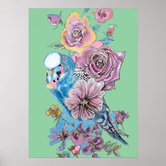 Blue Budgie Rote Rose Green Watercolor Art Poster (Vorne)