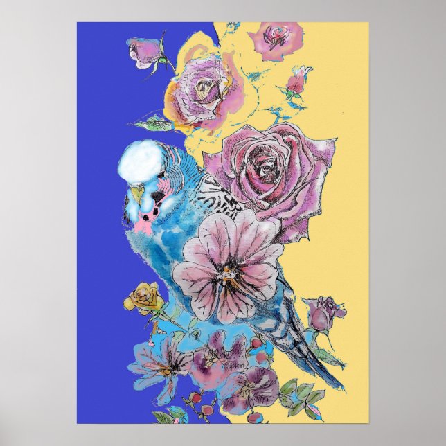 Blue Budgie & Rote Rose Navy Watercolor Art Poster (Vorne)