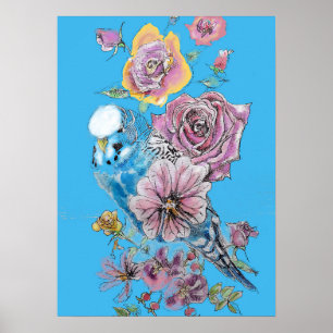 Blue Budgie Rote Rose Pasta Watercolor Art Poster
