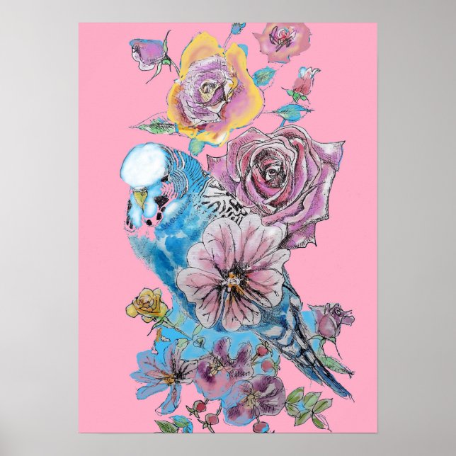 Blue Budgie Rote Rose Pink Aquarellkunst Poster (Vorne)