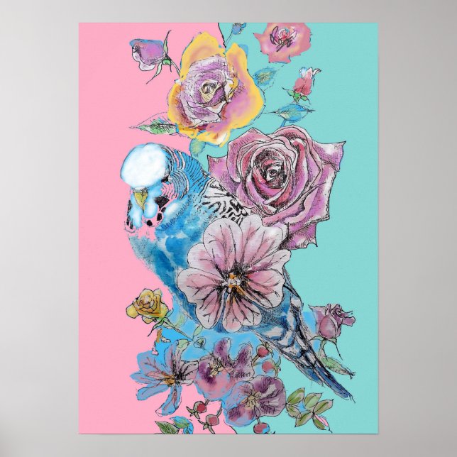 Blue Budgie Rote Rose Pink Aquarellkunst Poster (Vorne)