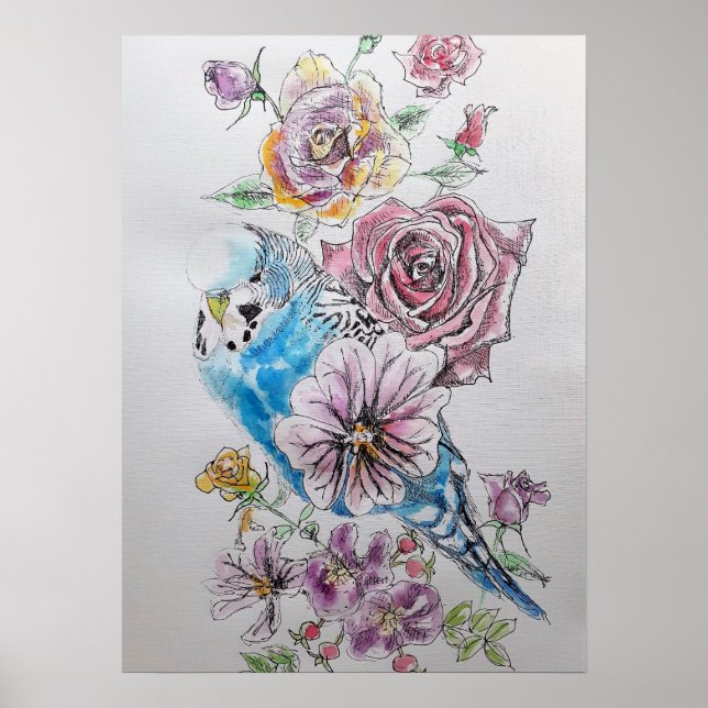 Blue Budgie & Rote Rose Poster (Vorne)