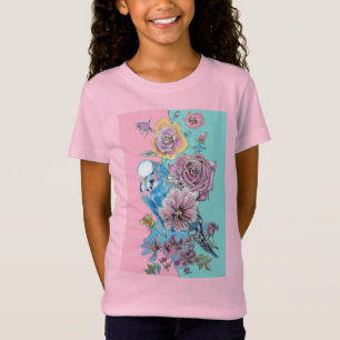 Blue Budgie Rote Rose Watercolor T-Shirt