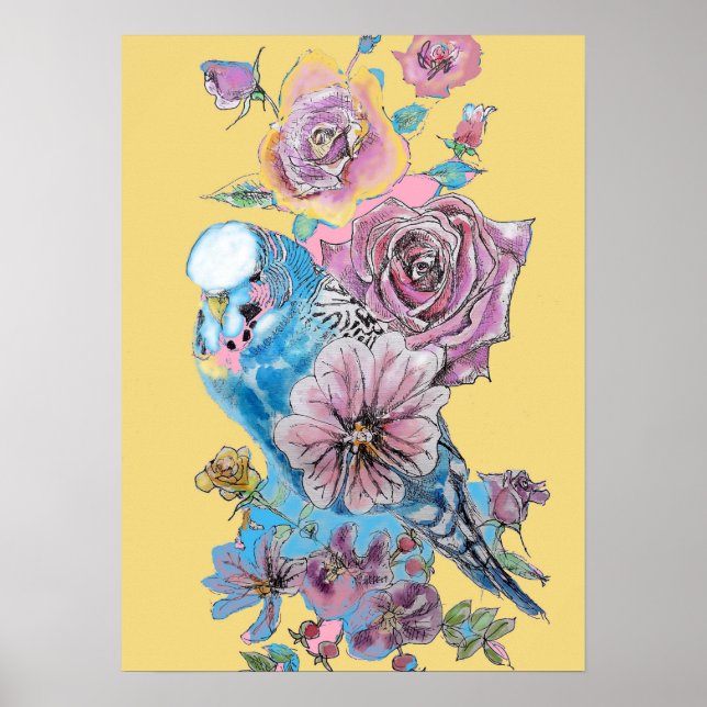 Blue Budgie Rote Rose Yellow Watercolor Art Poster (Vorne)