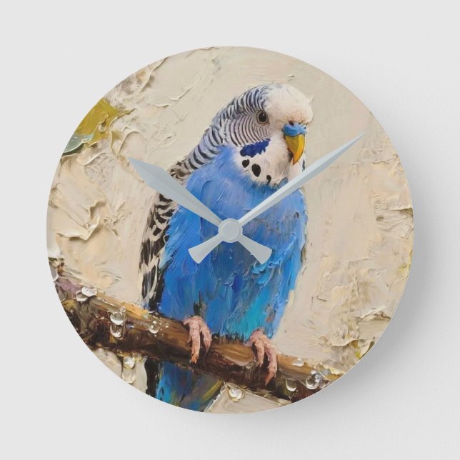 Blue Budgie Runde Wanduhr (Vorderseite)