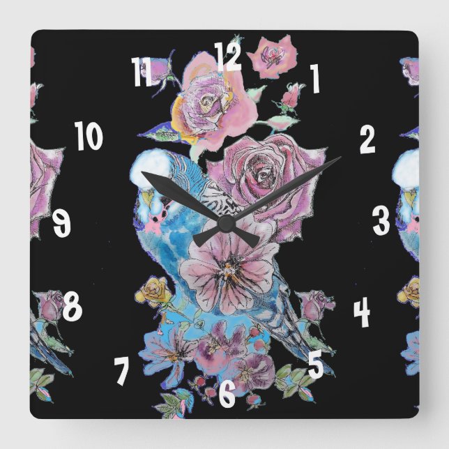 Blue Budgie Watercolor Black Womans Office Clock Quadratische Wanduhr (Vorderseite)