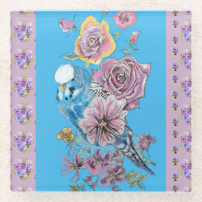 Blue Budgie Watercolor Lilac Blumenglas Untersetze Glasuntersetzer (Vorderseite)