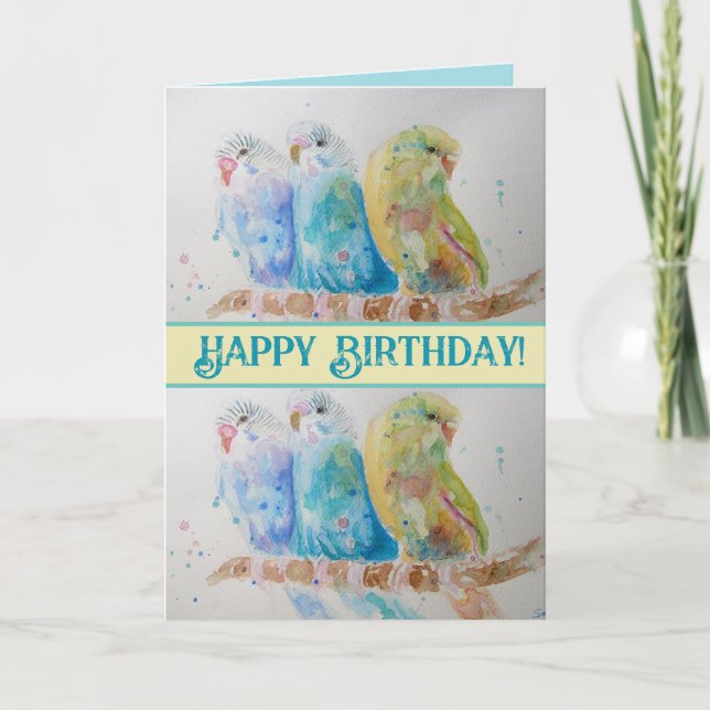 Blue Budgies Watercolor Happy Birthday Budgie Aqua Karte (Vorderseite)