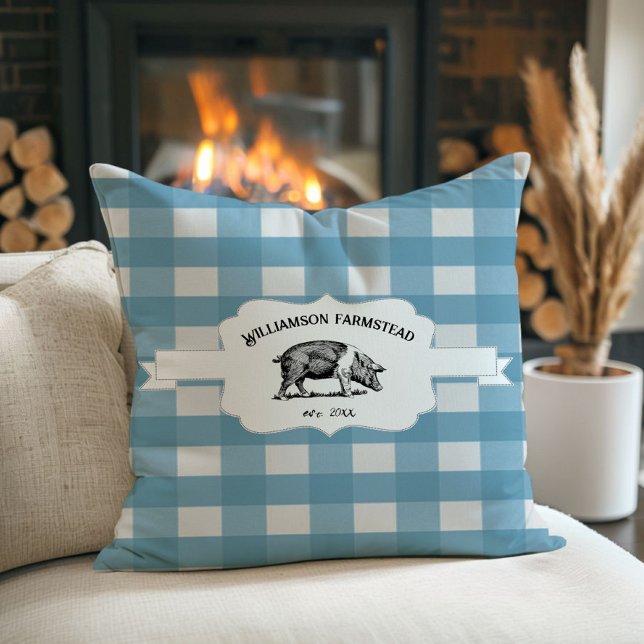 Blue Buffalo Kariert Farm Pig Throw Kissen (Blue Buffalo Plaid Farm Pig Throw Pillow)
