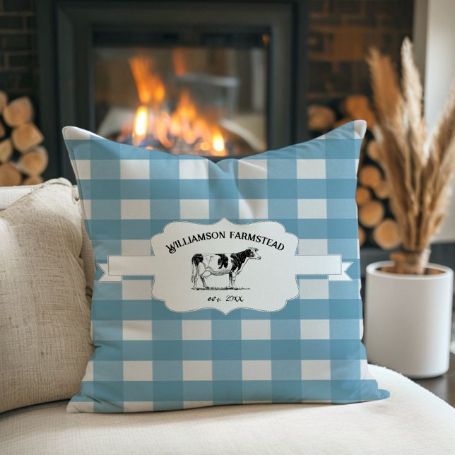 Blue Buffalo Karierte Farm Cow Throw Kissen (Blue Buffalo Plaid Farm Cow Throw Pillow)