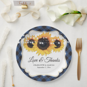Blue Buffalo Karierte Sonnenblumenblume Hochzeit Pappteller