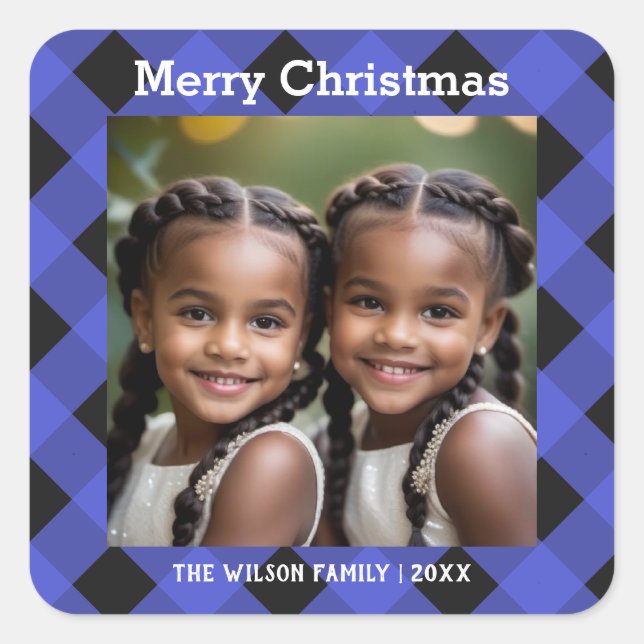 Blue Buffalo Kariertes Custom Foto Frohe Weihnacht Quadratischer Aufkleber (Vorderseite)