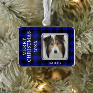 Blue Buffalo Karo Dog Foto Personalisiert Rahmen-Ornament Silber