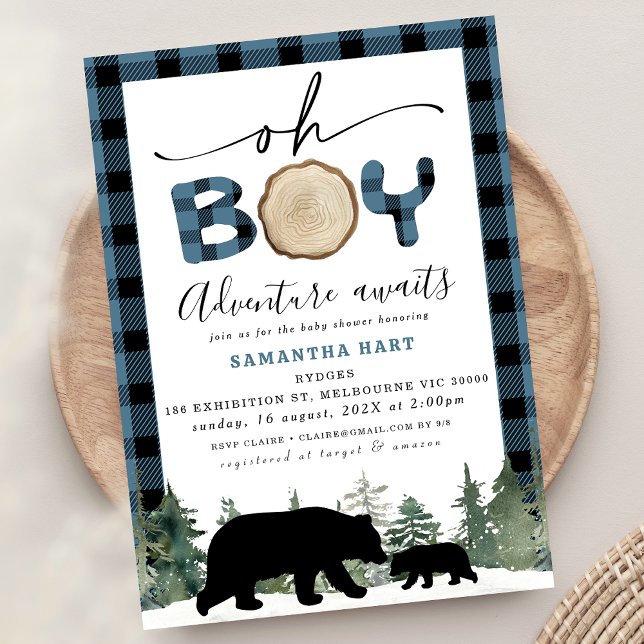 Blue Buffalo Karo Lumberjack Baby Dusche Einladung (Boys Blue Buffalo Check Lumberjack Baby Shower Invitation, Oh Boy Adventure Awaits baby Shower )