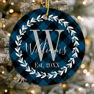 Blue Buffalo Karo Monogramm Kranz Weihnachten Keramik Ornament