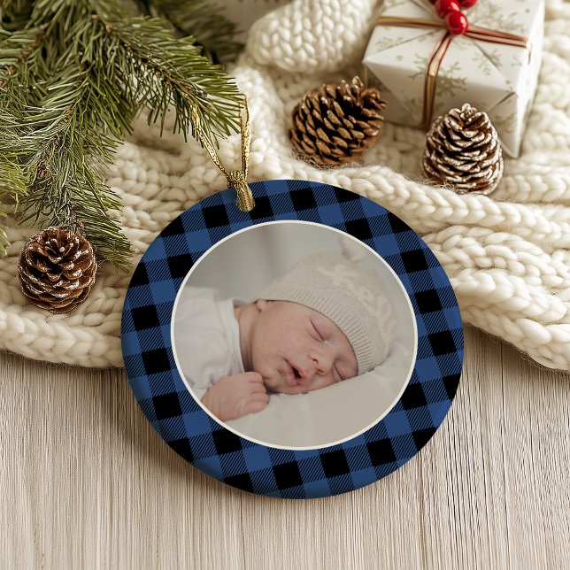 BLUE BUFFALO PLAID NAME Photo Christmas Keepsake Ornament (Von Creator hochgeladen)
