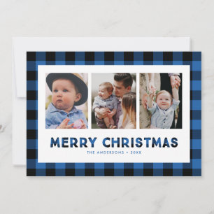 Blue Buffalo Plaid Triptych Weihnachtsfotokarte Feiertagskarte