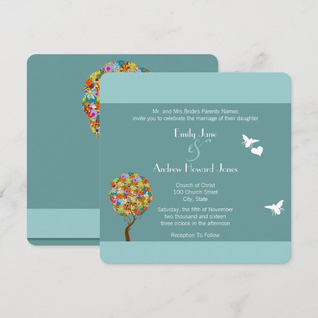 Blue Bumble Bee Forest Fairy Tale Wedite Einladung (Vorne/Hinten)