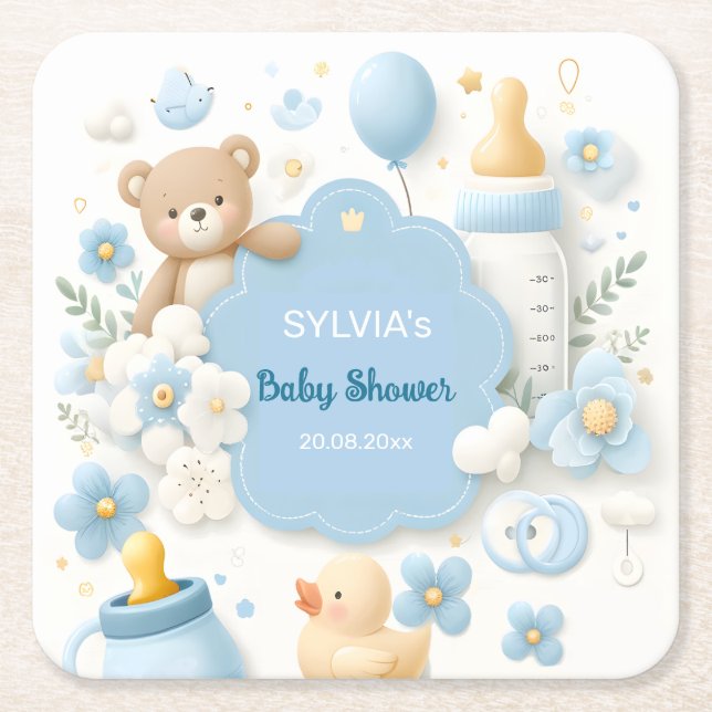 Blue Bundle Joy: Baby Boy Shower Rechteckiger Pappuntersetzer (Vorderseite)