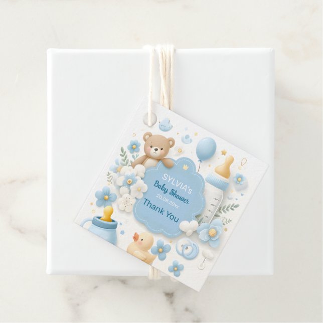 Blue Bundle Joy: Teddy Bear Baby Boy Shower Geschenkanhänger (Beispiel)