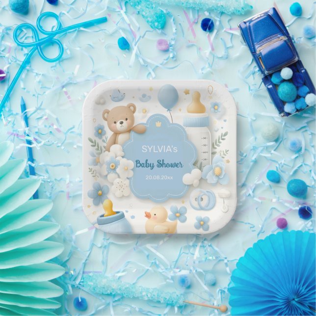 Blue Bundle Joy: Teddy Bear Baby Boy Shower Pappteller (Party)