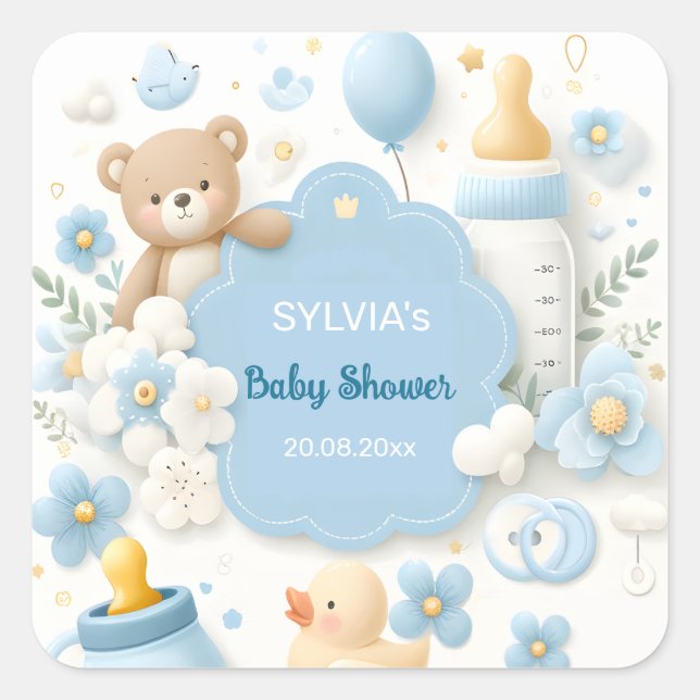 Blue Bundle Joy: Teddy Bear Baby Boy Shower Quadratischer Aufkleber (Vorderseite)