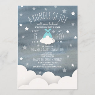 Blue Bundle of Joy Clouds + Stars Watercolor Baby Einladung