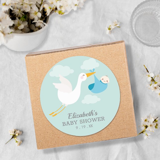 Blue Bundle Stork Boy Baby Dusche Runder Aufkleber (Blue bundle stork boy baby shower round favor stickers)