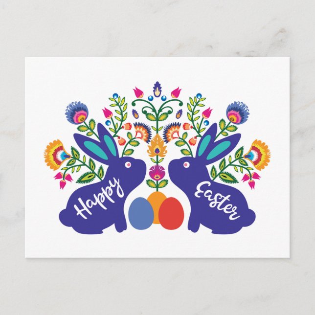 Blue 🐰 Bunnies mit Folklore-Blume mit benutzerdef Postkarte (Vorderseite)