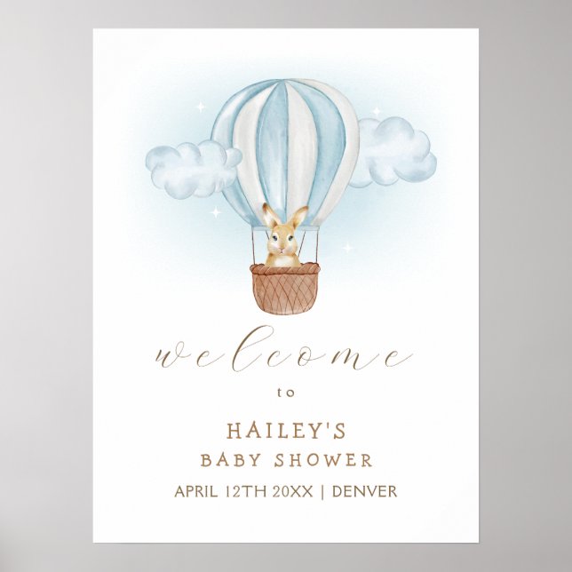 Blue Bunny Air Balloon Baby Dusche Willkommen Poster (Vorne)