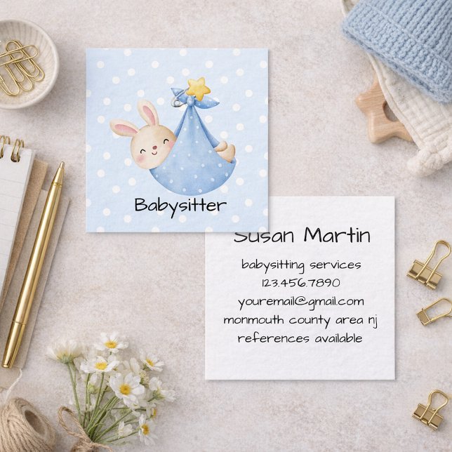 Blue Bunny Baby Snow Babysitter Quadratische Visitenkarte (Von Creator hochgeladen)