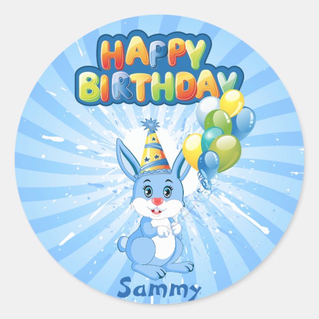 Blue Bunny Birthday Cartoon Runder Aufkleber (Vorderseite)