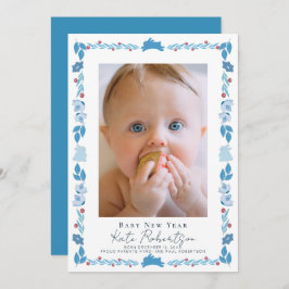 Blue Bunny Folk Art Baby New Year Foto Card Einladung