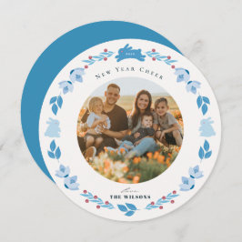 Blue Bunny Folk Art New Year Holiday Foto Card Feiertagskarte