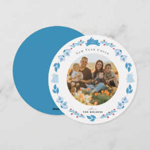 Blue Bunny Folk Art New Year Holiday Foto Card Feiertagskarte