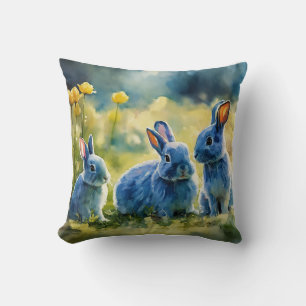 Blue Bunny Garden: Watercolor Style Pillow Kissen