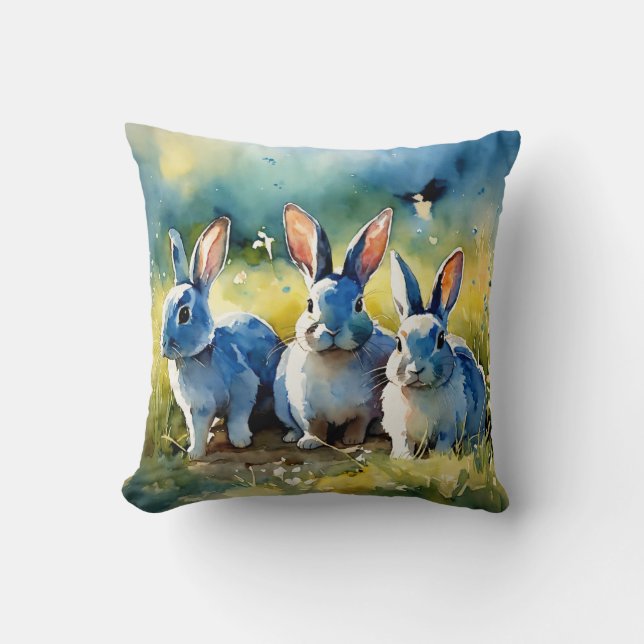 Blue Bunny Garden: Watercolor Style Pillow Kissen (Vorderseite)