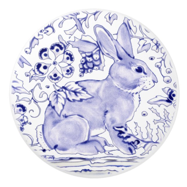 Blue Bunny Rabbit Floral Delft Dedham Keramik Pull Keramikknauf (Vorderseite)