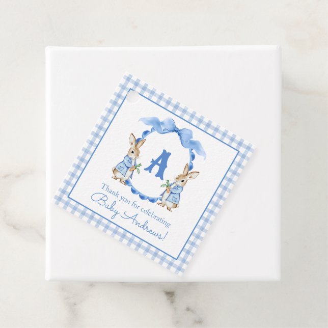 Blue Bunny Rabbit Gingham Monogram Wappen Geschenkanhänger (Beispiel)