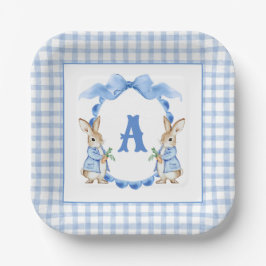 Blue Bunny Rabbit Gingham Monogram Wappen Pappteller